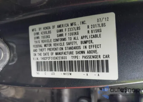 2012 Honda Accord 2.4 Lx from USA, damaged, VIN 1HGCP2F30CA223600